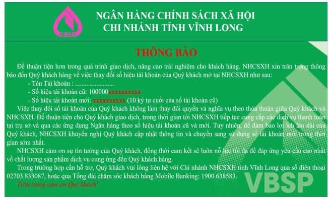 Ngân hàng chính sách xã hội thông báo đến Quý khách hàng về vịêc thay đổi số hiệu tài khoản của Quý khách hàng mở tại NHCSXH
